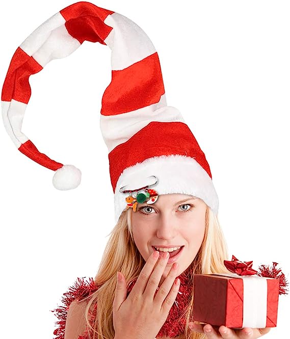 Photo 1 of BigOtters Christmas Elf Hat, Extra Long Red And White Striped Felt Hat with Cute Brooch Pin for Kids Adults