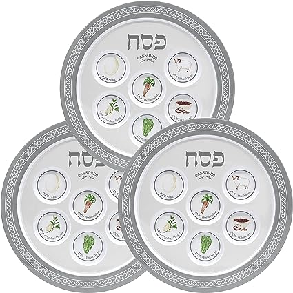 Photo 1 of 3 pack Passover Classic Silver Seder Plate, Melamine Silver Design Passover Seder Plates, Traditional Kaarah For Pesach 12" (Single)