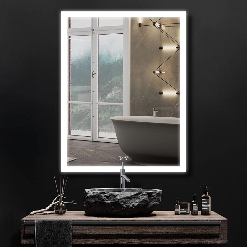 Photo 1 of 28 x 36 Inch Smart LED Bathroom Mirror with Lights, Light Mirror with Defogger and Touch dimming Buttons Energy Saving, IP67 Waterproof, Bright White Light for Makup or Shaving
