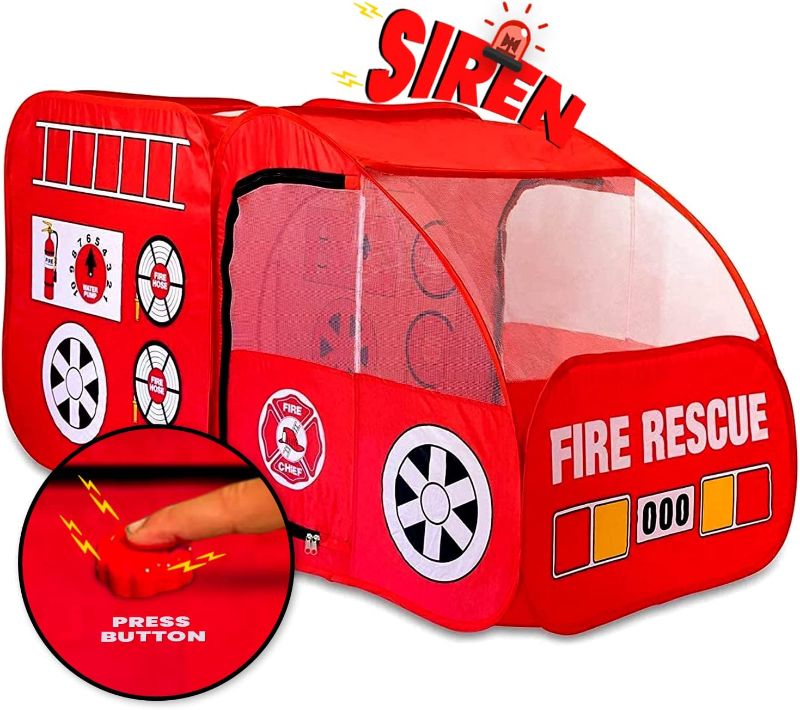 Photo 1 of Fire Truck Tent with Sound Button for Kids Toddlers Boys & Girls - Red Fire Engine Pop Up Pretend Playhouse Indoors & Outdoors - Quick Set Up Weather Proof Fabric Foldable & Spacious – Great Gift Idea
