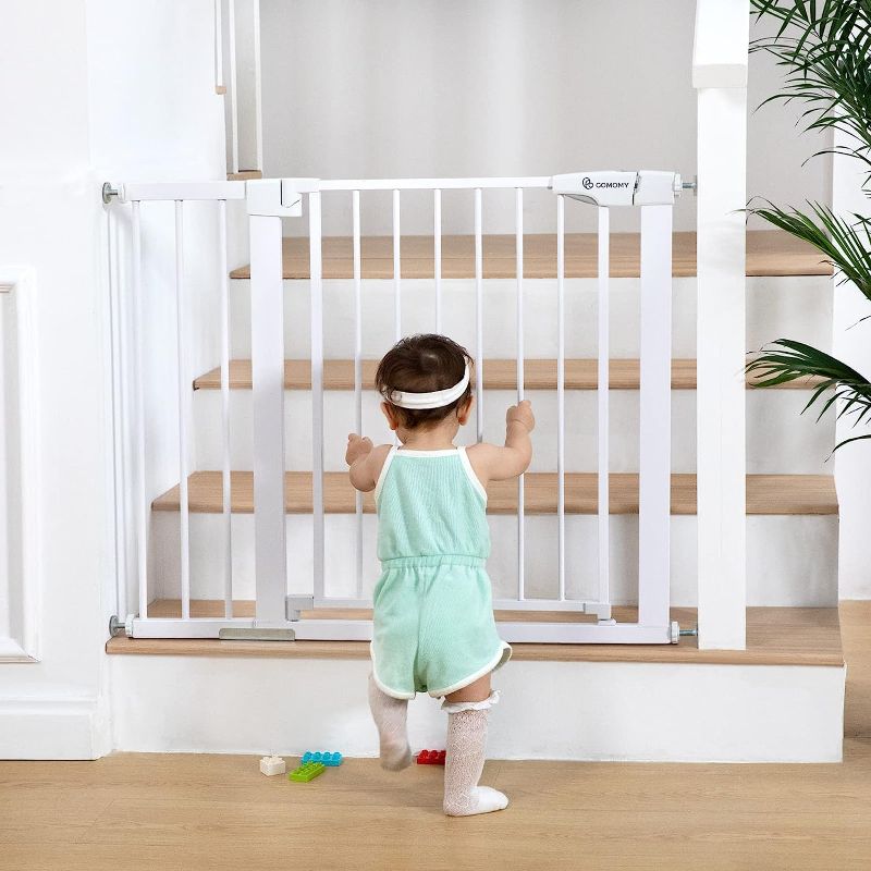 Photo 1 of COMOMY Safety Baby Gate Extra Wide 37.8"-43.3", Auto Close Dog Gate for House Doorways Stairs, Pressure Mounted Easy Walk Through Pet Gate Child Gate, Includes 2.75" and 8.25" Extension, White
