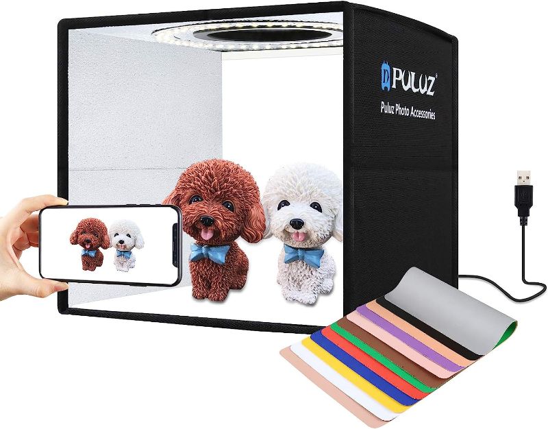 Photo 1 of PULUZ 9.8"/25cm Foldable Portable Photo Studio Light Box, Adjustable Brightness Light Box Photography Lighting Shooting Tent Kit, with LED Lights and 12 Colors Backdrop
