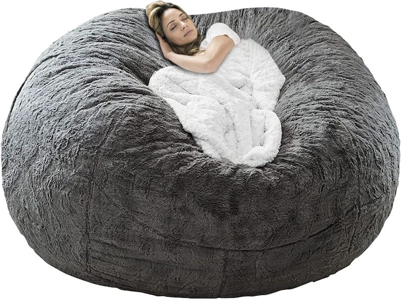 Photo 1 of 7FT Bean Bag Chair Cover (Cover ONLY, NO Filler) Giant Fur Bean Bag Cover Soft Fluffy Fur Portable Living Room Sofa Bed for Kids Adults (Dark Grey)
