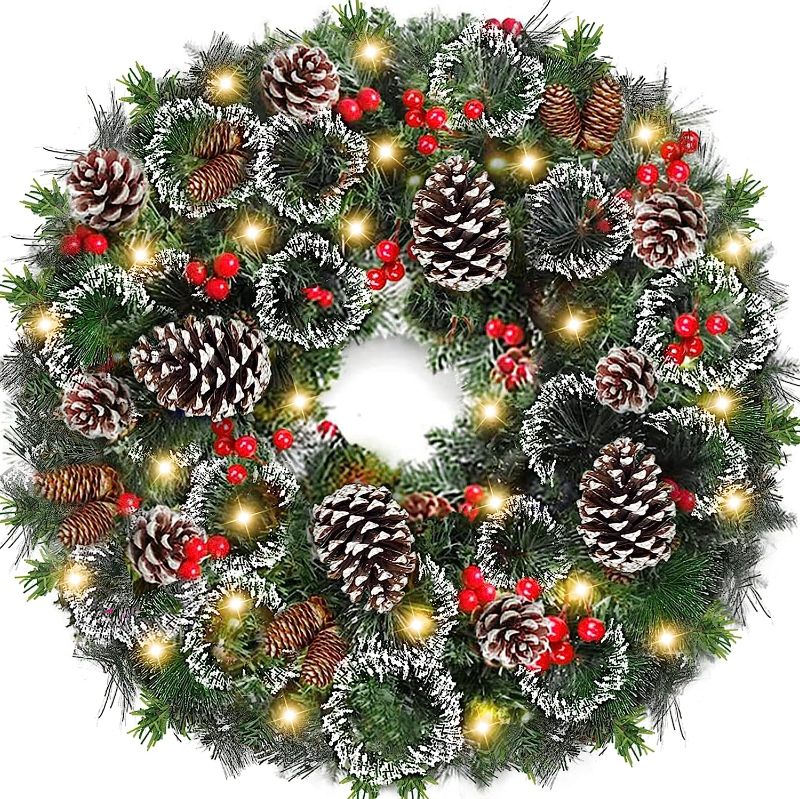 Photo 1 of 26 Inch Super Large Snowy Prelit Christmas Wreath Decor 80 Warm White Lights Timer Battery Operated Thick 220 Tips 80 Red Berries 24 Bristle Xmas Wreath for Front Door Indoor Outdoor Wall Decorations

