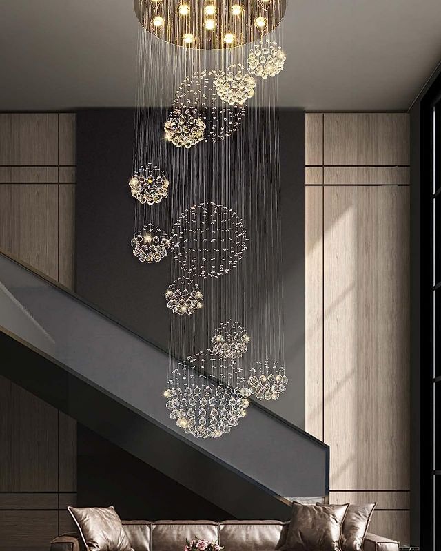 Photo 1 of 7PM Spiral Foyer Chandeliers Entryway High Ceiling, Modern 13-Light Luxury Raindrop Crystal Chandelier Fixtures, Flush Mount Ceiling Light, Dimmable, Large Chandeliers for Staircase, D31.5 × H86.6
