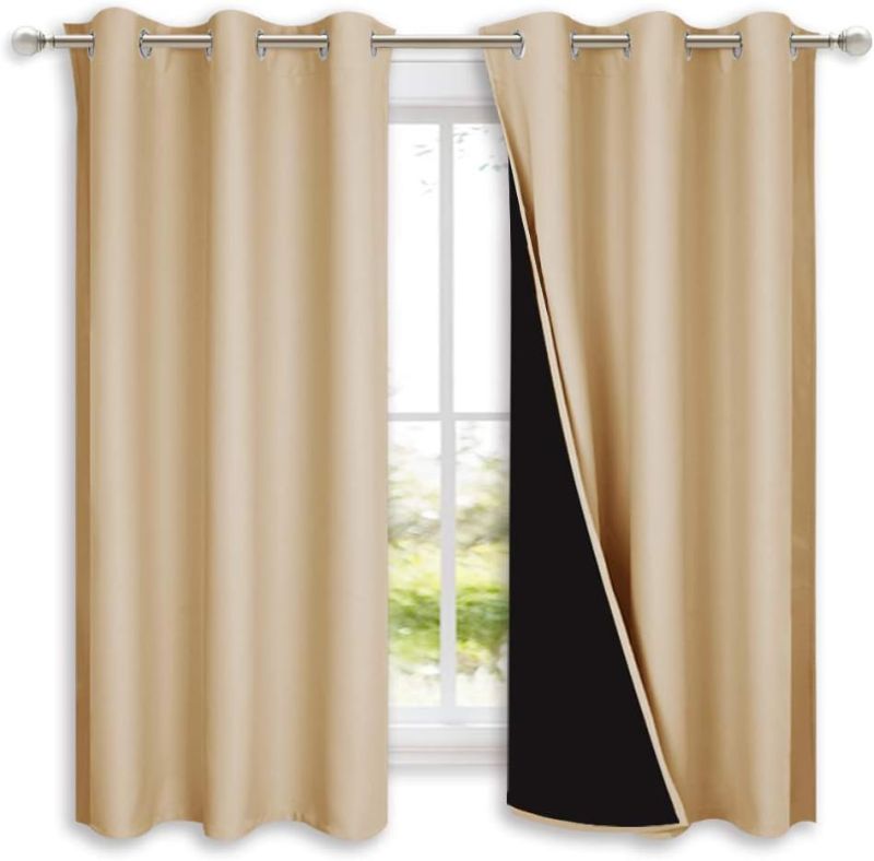 Photo 1 of  Bedroom Full Blackout Curtain Panels, Super Thick Insulated Grommet Drapes, Double-Layer Blackout Draperies with Black Liner for Small Window (Set of 2 PCs,  Biscotti Beige)
