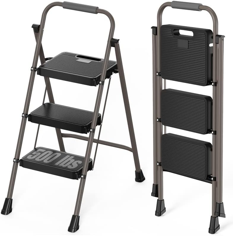 Photo 1 of AKARY 3 Step Ladder Folding Step Stool, Portable Steel Folding Step Ladder with Wide Anti-Slip Pedal, Multi-use Stepladder Anti Slip Steps for Household, Kitchen, and Office Use Space Saving
