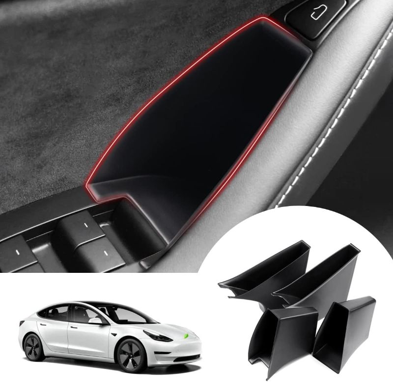 Photo 1 of Autorder Custom Fit for Door Side Storage Box Tesla Model 3 2017-2022/Model Y 2020 2021 2022 Accessories Armrest Phone Container Door Organizer Handle Pocket Tray Black Set of 4
