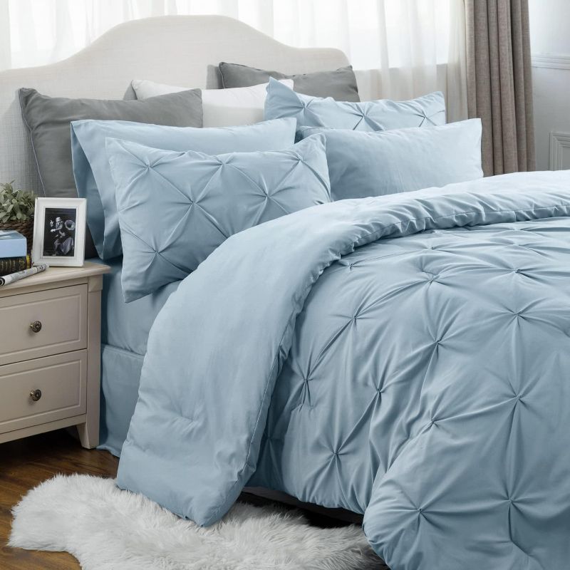 Photo 1 of Bedsure Blue Comforter Set Queen - Bed in a Bag Queen 7 Pieces, Pintuck Bedding Sets Light Blue Bed Set with Comforters, Sheets, Pillowcases & Shams
