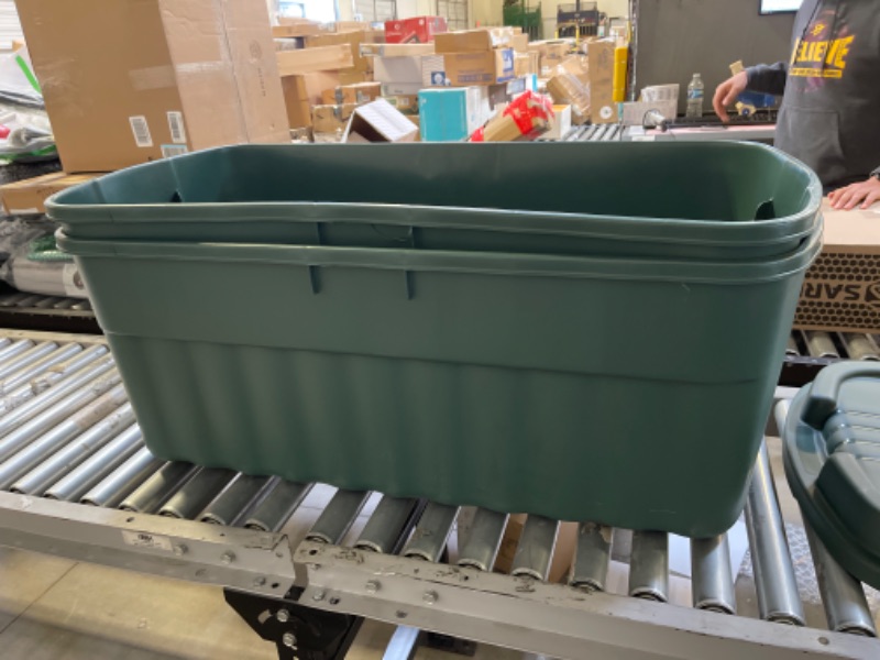 Photo 2 of 2 LARGE RUBBERMAID TOTE BIN, 1 LID DARK GREEN