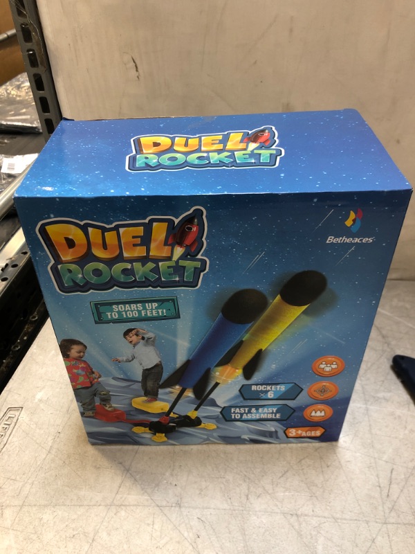 Photo 2 of Betheaces Duel Rocket Launcher Toy for Kids - Shoot Up to 100 Feet - 6 Foam Rockets & Sturdy Launcher Stand - Fun Outdoor Toy for Kids Year Round Play - Gift Toys for Boys & Girls Age 3+ Years Old