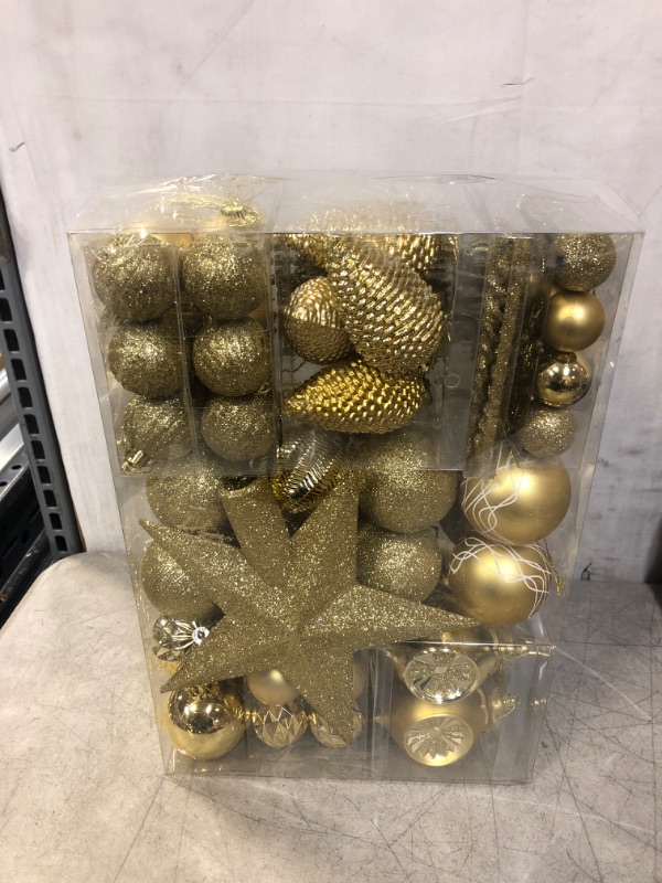 Photo 2 of 100PCS Christmas Tree Balls Ornaments Set with Christmas Tree Topper, Gold Christmas Ornaments Sets for Christmas Tree, Shatterproof Hanging Christmas Tree Decorations 100pcs-gold