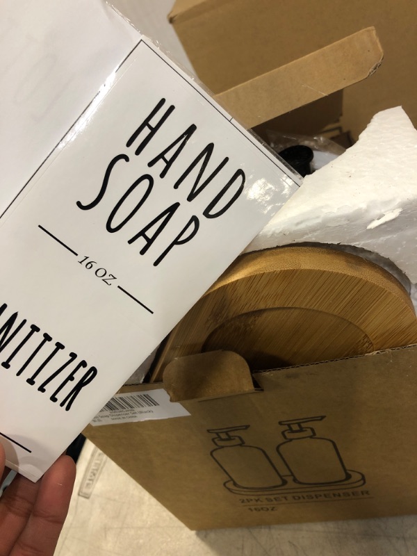 Photo 1 of 2 Pack Kitchen Soap Dispenser Set with Bamboo Tray, Glass Soap Dispenser Pump, Hand and Dish Soap Dispenser Set for Bathroom, Refillable Lotion Dispenser Sanitizer Shampoo Conditioner Labels (Black)