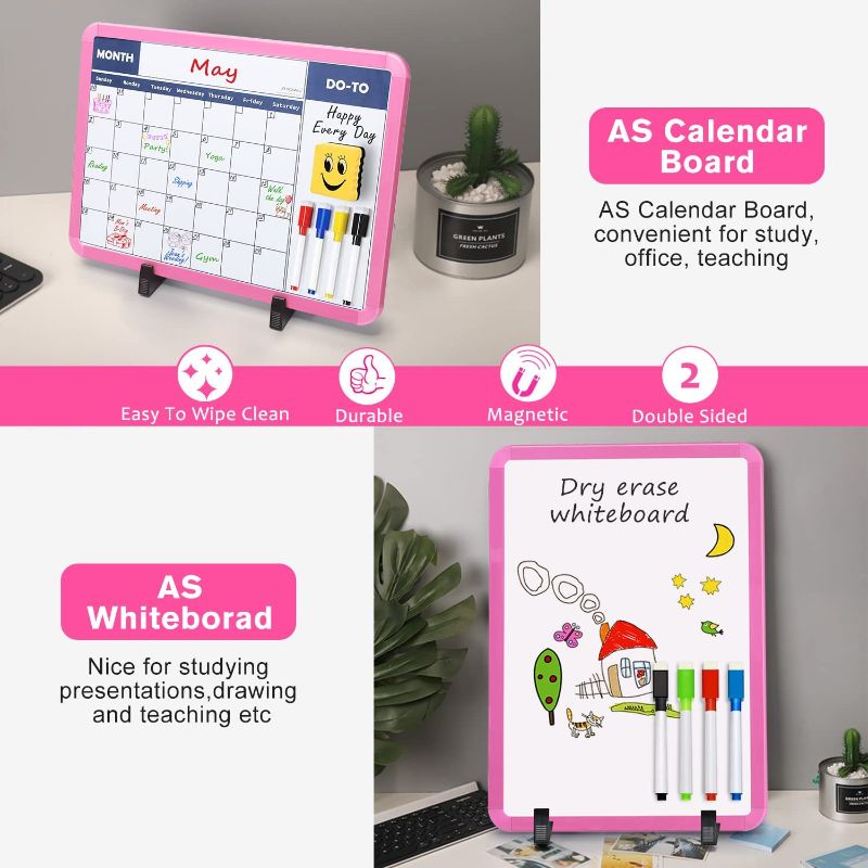 Photo 1 of 1Pack Kids White Board Calendar Desktop with Adjustable Stand, 4Markers, 1Erasers, 2-Sided Magnetic Small Dry Erase Board Tabletop Easel for Home Office, Pink&Green Frame, 10x14"
