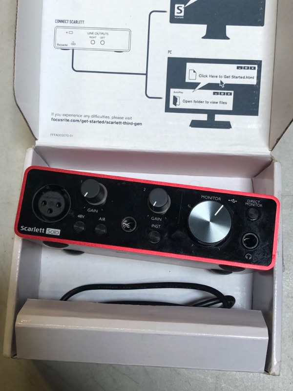 Photo 1 of Focusrite Scarlett Solo 3rd Gen USB Audio Interface, for the Guitarist, Vocalist, Podcaster or Producer — High-Fidelity, Studio Quality Recording, and All the Software You Need to Record Solo (1 Mic Pre) Interface