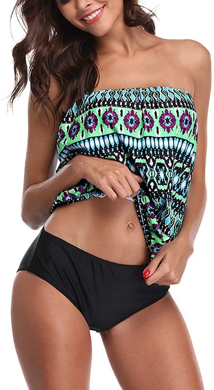 Photo 1 of Chenghe Women's Bandeau Blouson Tankini Top High Waisted Moderate Bottom Two Piece Swimsuits Bathing Suits / SIZE UNKNOWN
