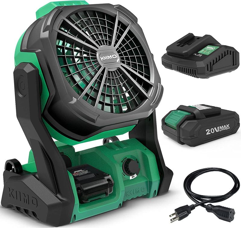 Photo 1 of KIMO 20V Cordless Fan for Jobsite w/Lithium-ion Battery/Charger, Battery or AC Powered, Variable Speed & Convenient Hooks for Indoor/Outdoor Use
