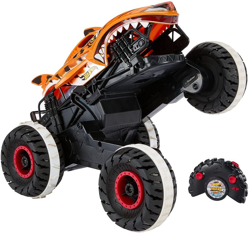 Photo 1 of Hot Wheels Monster Trucks, Remote Control Car, Monster Truck Toy with All-Terrain Wheels, 1:15 Scale Unstoppable Tiger Shark RC / ONLY PACKAGING HAS MINIMAL DAMAGE 
