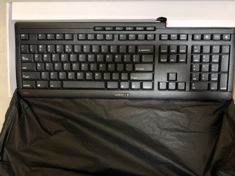 Photo 3 of CHERRY STREAM Keyboard - 6ft, 105 Keys, 10 Hot Keys, QWERTY US with Euro Symbol, Numeric Keypad, Splashproof, Status LEDs, Plug-and-play, CHERRY SX, Black - JK-8500EU-2
