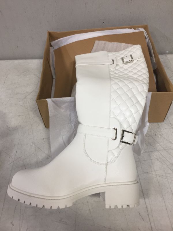 Photo 2 of Women Platform Knee High Boots Chunky Block Heel Fashion Buckle Leather Winter Fall Riding Boots White 7