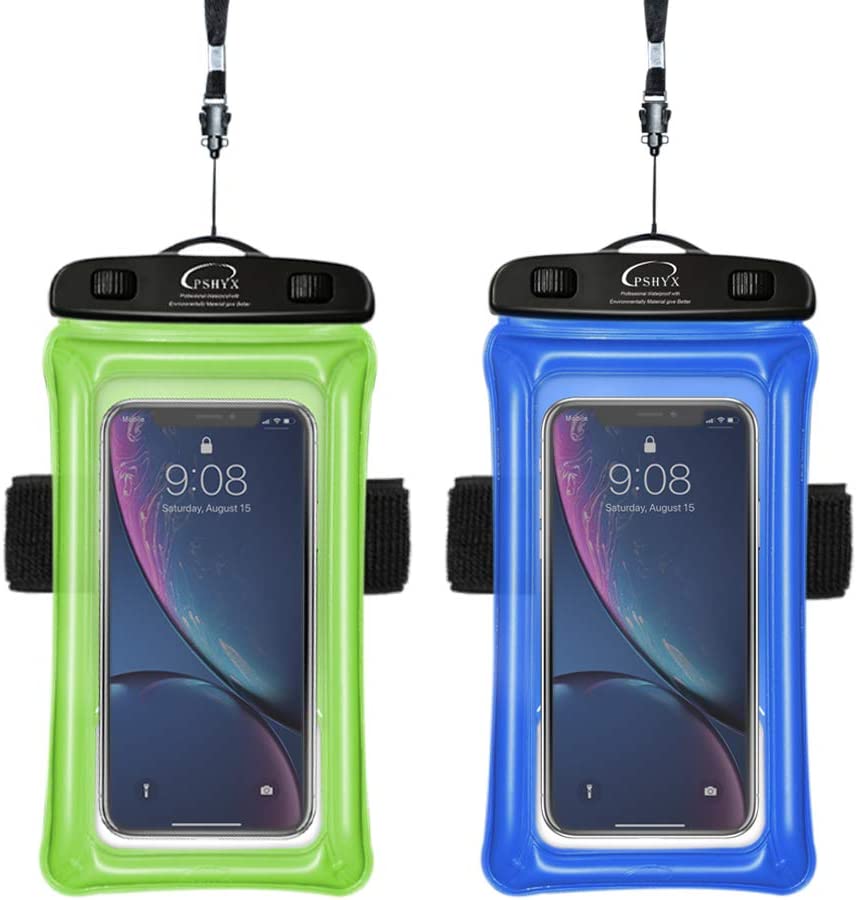 Photo 1 of PSHYX Universal 100 Feet Waterproof Phone Pouch Floating Case with Arm Band for iPhone 13 12 11 Pro Max XS XR X 8 7 6S Plus Samsung Google LG Phone up to 7 Inch (Pack of 2) (Blue+Green)
