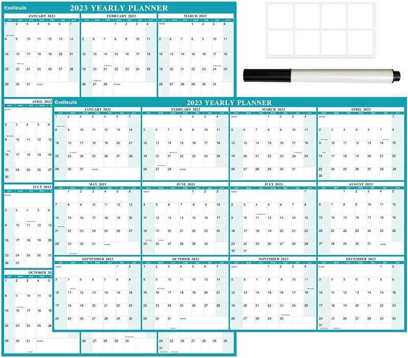 Photo 1 of 24" x 36" Exellewis 2023 Wall Calendar Erasable, Wet & Dry Erase for Wall Large Laminated Annual Yearly Planner- 12 Month Horizontal/Vertical Calendar January to December for Easy Planning, Organizing (Green) / INCLUDES MARKER
