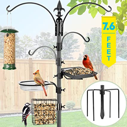 Photo 1 of Bird Feeder Stand for Outside, 4-Hooks, 91" Bird Feeder Station,  Multi Bird Feeder Pole Stand Kit with Bird Bath, Mesh Tray & Suet Cage for Wild Birds, Plant Hanger, 5-Prong Base