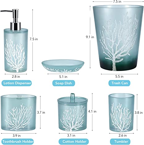 Photo 1 of Bathroom Accessory Set, 6 PCS Coral Reef Bath Accessory Collection, Includes Lotion Dispenser, Divided Toothbrush Holder, Tumbler, Soap Dish, Cotton Holder, Trash Can, for Coastal Bathroom Accessories