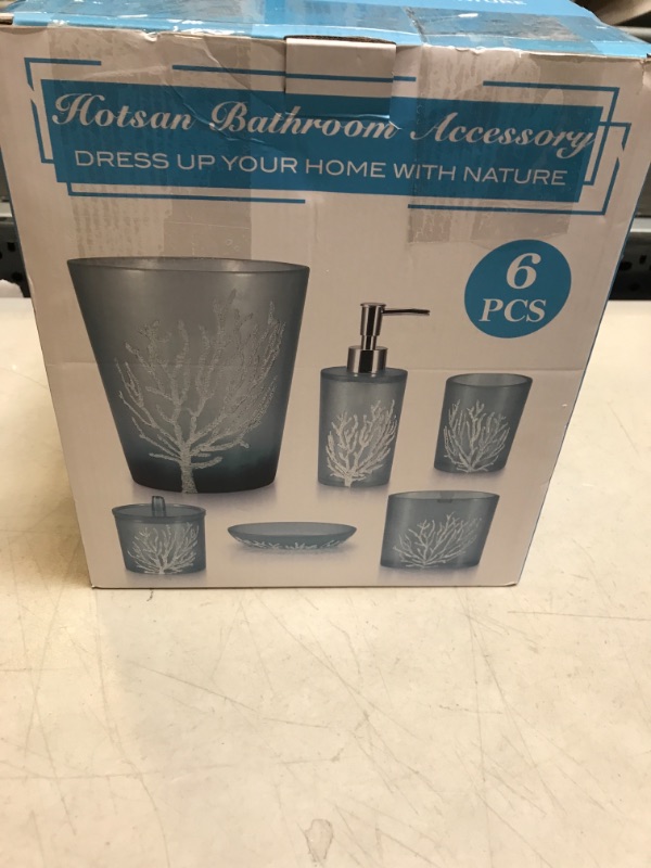 Photo 3 of Bathroom Accessory Set, 6 PCS Coral Reef Bath Accessory Collection, Includes Lotion Dispenser, Divided Toothbrush Holder, Tumbler, Soap Dish, Cotton Holder, Trash Can, for Coastal Bathroom Accessories