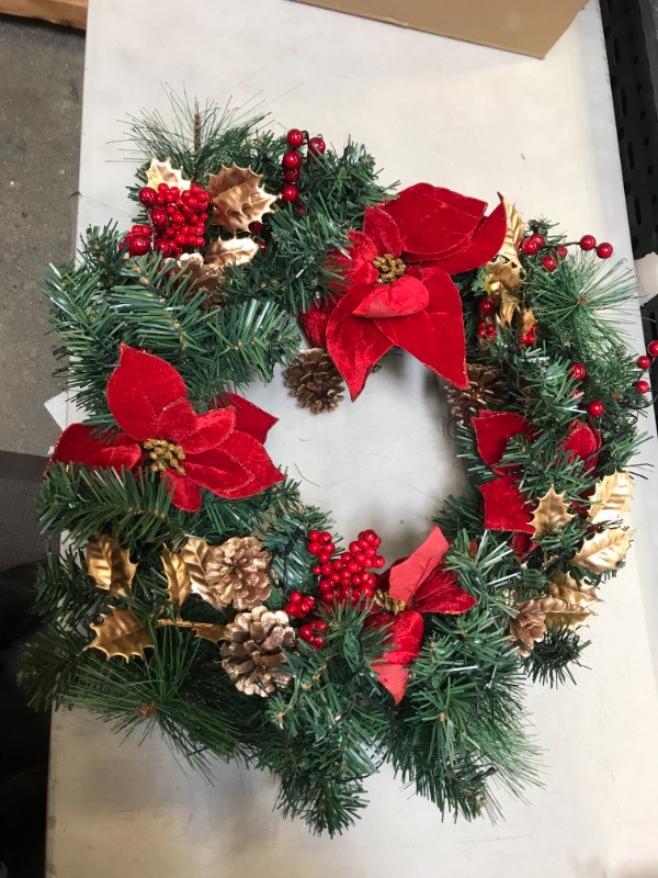 Photo 2 of 24 IN Christmas-Wreath,Christmas-Wreaths-for-Front-Door,Pre-Lit-Christmas-Decorations Door Wreath with 50 LED Lights,Poinsettia Flowers,Artificial Indoor/Outdoor Home Decor Gift Wreath for Door Mantel