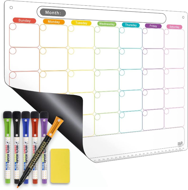 Photo 1 of Dry Erase Calendar Kit- Magnetic Calendar for Refrigerator - Monthly Fridge Calendar Whiteboard with Extra-Thick Magnet Included Fine Point Marker & Eraser & Holes for Wall Hanging
