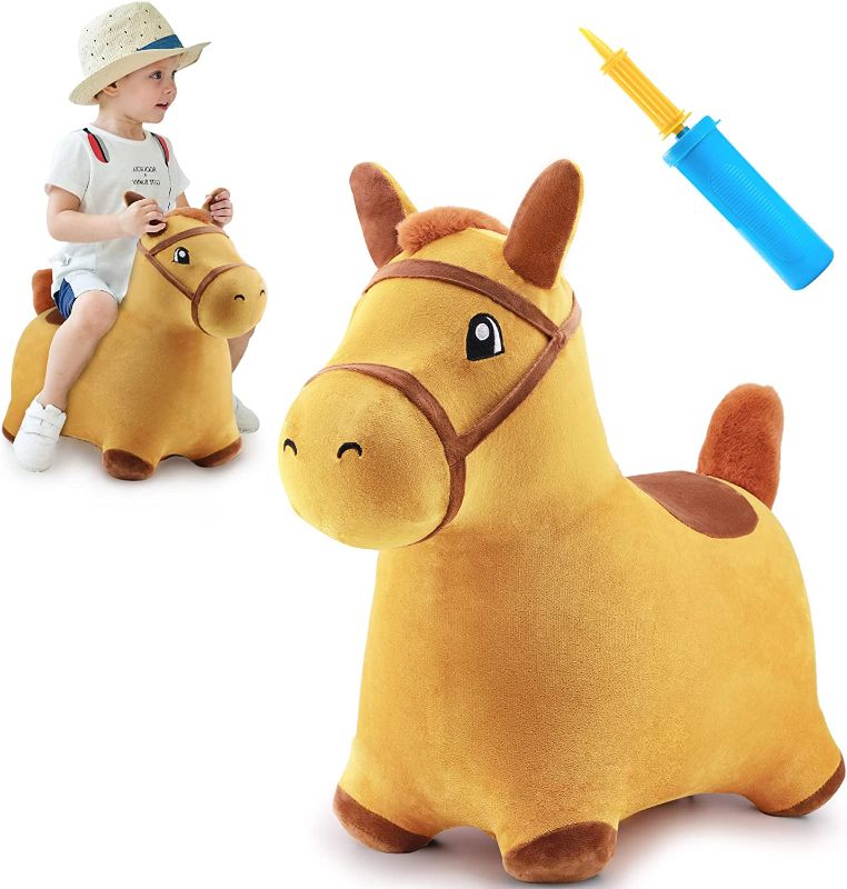 Photo 1 of iPlay, iLearn Bouncy Pals Yellow Hopping Horse, Outdoor Ride on Bouncy Animal Play Toys, Inflatable Hopper Plush Covered W/ Pump, Birthday Gift for 18 Months 2 3 4 5 Year Old Kids Toddlers Boys Girls
