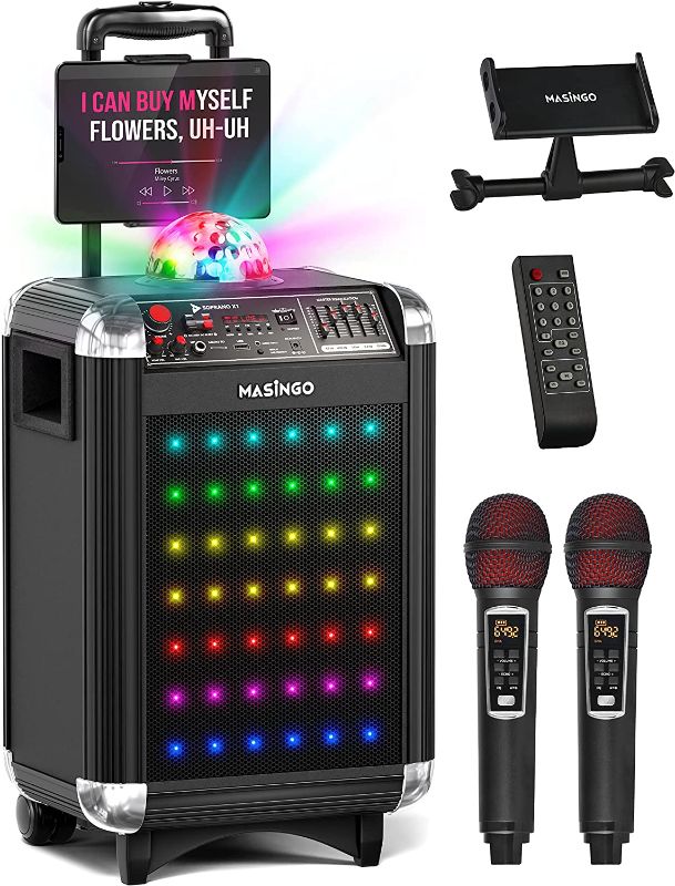 Photo 1 of MASINGO Karaoke Machine for Adults & Kids with 2 Wireless Microphones - Portable Singing PA Speaker System w/Two Bluetooth Mics, Party Lights, Lyrics Display Holder & TV Cable - Soprano X1 Black
