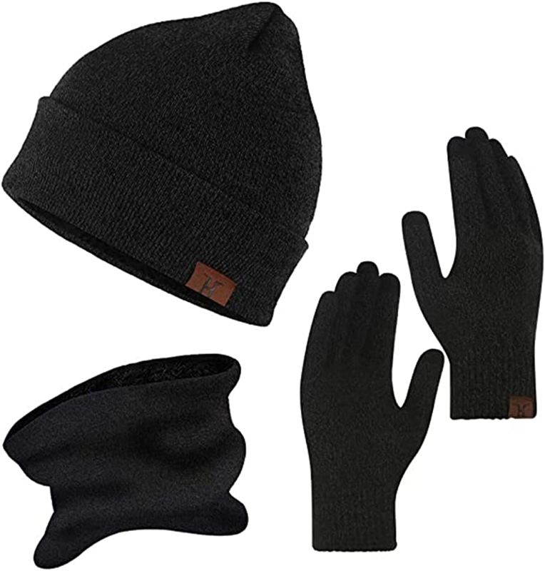 Photo 1 of 3PCS Winter Beanie Hat Scarf Touchscreen Gloves Set for Men Women Fleece Lined Slouchy Snow Knit Skull Cap Mittens Unisex
