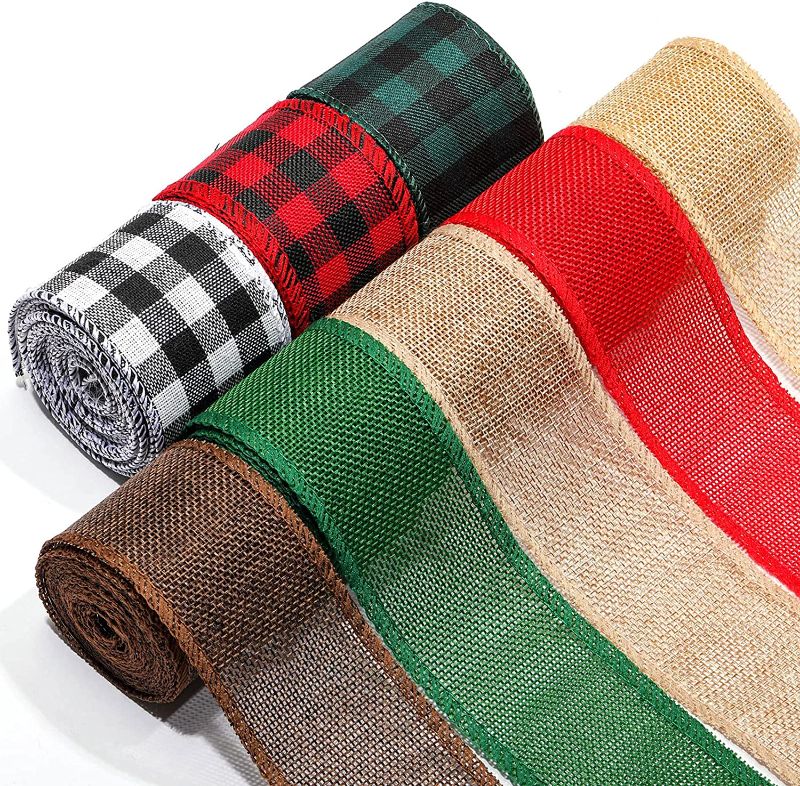 Photo 1 of 8 Rolls 32 Yards Christmas Wired Edge Ribbons Holiday Multi-Color Plaid Ribbon red Green Plaid Wrapping Ribbon Decorative Ribbon for Christmas Tree Decor Floral Bows Gifts ---- (PACK OF 2)