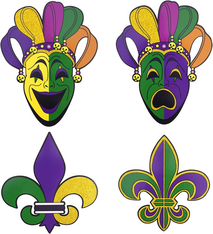 Photo 1 of 8pcs Large Comedy Tragedy Face Cutouts, Fleur de Lis Mardi Gras Cutouts,Wagon Costume Cover Float Decoration for Mardi Gras Party Supplies (B Style) ---- PACK OF 3