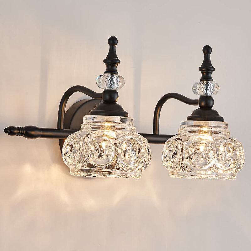 Photo 1 of ZILANL Bathroom Vanity Light Fixtures, 2-Light Vintage Crystal Wall Lights, Painted Black Surface, Thick Crystal Glass Shade, Vintage Wall Sconce for Bathroom, Bedroom, Living Room
