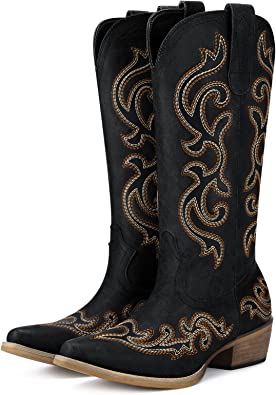Photo 1 of HISEA Rollda Cowboy Boots for Women Western Cowgirl Boots with Chunky Heel Ladies Snip Toe Mid-Calf Boots 9
