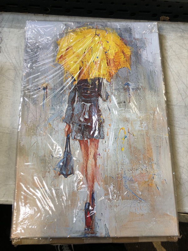 Photo 2 of Abstract Canvas Painting A Rainy Walk Girl with Yellow Umbrella Wall Art Modern Artwork for Office Home Decoration
