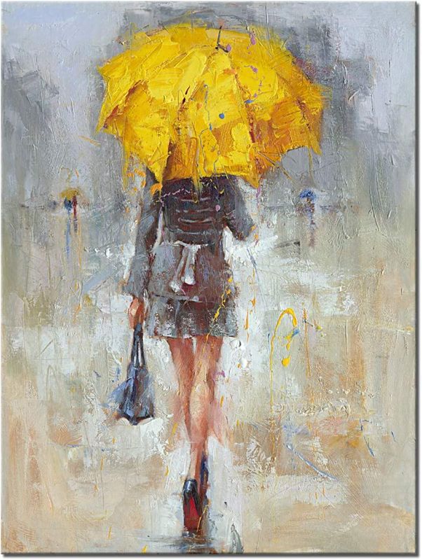 Photo 1 of Abstract Canvas Painting A Rainy Walk Girl with Yellow Umbrella Wall Art Modern Artwork for Office Home Decoration
