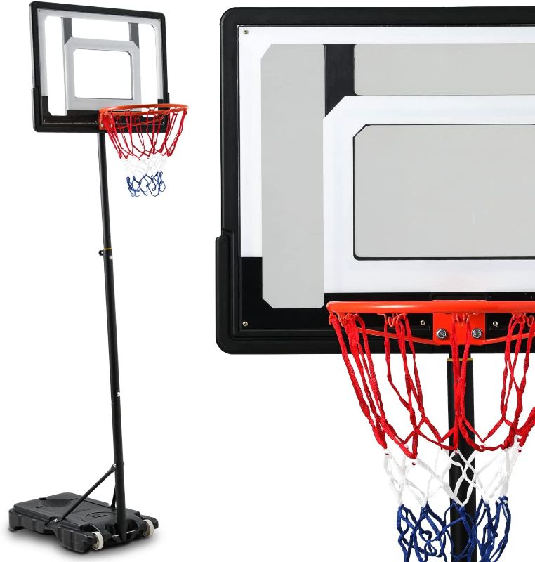 Photo 1 of  Portable Basketball Hoop Goal 5ft- 7ft Adjustable-Height Stand with 33 Inch Backboard Wheels Fillable Base, Basketball Goals for Kids/Adults Indoor Outdoor Play, Black