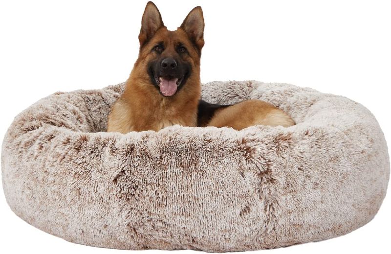 Photo 1 of  Calming Donut Dog Bed, 45 Inches Round Fluffy Dog Beds for Extra Large Dogs, Anti-Anxiety Plush Dog Bed, Washable Pet Bed with Non-Slip Bottom (Brown, Extra Large)