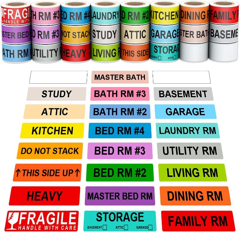 Photo 1 of 1440 Count Home Moving Color Coding Labels, [21 Different Living Spaces + 1 Roll Handle with Care + 2 Blank Labels, 24 Rolls Total, 60 Labels/Roll, 1 x 4.5 Inch]
