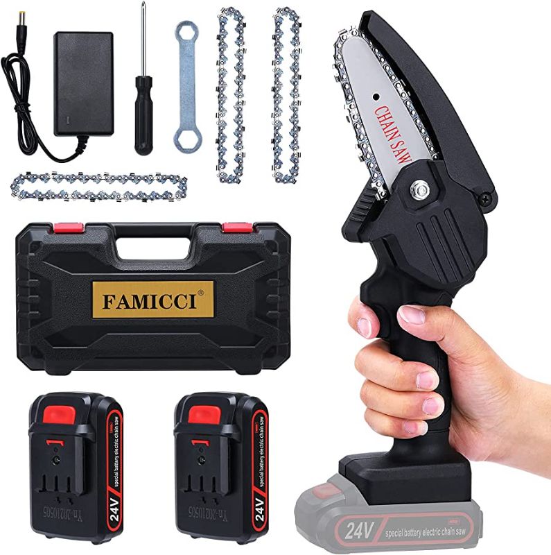 Photo 1 of Mini Chainsaw Cordless, FAMICCI 4-Inch Battery Chainsaw, Small Electric saw, Rechargeable Portable one-Hand Power Chain Saws For Tree Trimming/Wood Cutting/Branch Pruning (24v 2 Batteries + 3 Chains)
