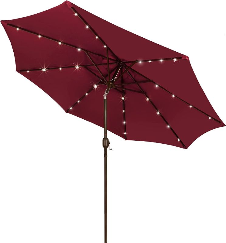 Photo 1 of Blissun 9 ft Solar Umbrella, 32 LED Lighted Patio Umbrella, Table Market Umbrella, Outdoor Umbrella for Garden, Deck, Backyard, Pool and Beach (Burgundy)
