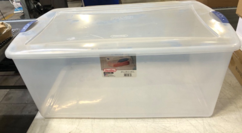 Photo 2 of  Sterilite 105 Qt. Clear Plastic Latching Box Blue Latches with Clear Lid  -- SLIGHTLY USED --