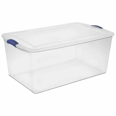 Photo 1 of  Sterilite 105 Qt. Clear Plastic Latching Box Blue Latches with Clear Lid  -- SLIGHTLY USED --