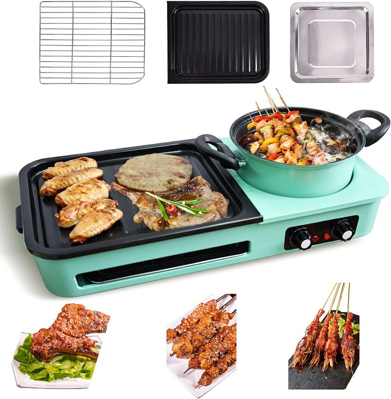 Photo 1 of HAIMIM 3 in 1 Electric Smokeless Grill,Detachable Shabu Shabu Hot pot Electric, Indoor Korean BBQ Grill, Non-Stick KBBQ Hotpot Grill Combo (Green)
