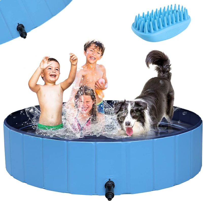 Photo 1 of Arlopu Foldable Dog Pool, Large Kiddie Swimming Tub, Portable Pet Bathing Pool, Round PVC Leakproof Water Pool W/Brush, Water Pipe Connector Indoor Outdoor for Puppy, Dog, Cat (XL-48'', Blue)
