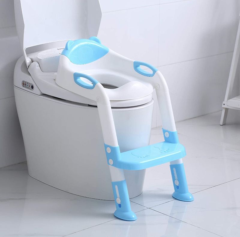 Photo 1 of Potty Training Toilet Seat with Step Stool Ladder for Kids Toddlers Baby, Foldable Adjustable Toddler Toilet Training Seat with Comfortable Anti-Slip Pads Ladder for Boys Girls (Blue)